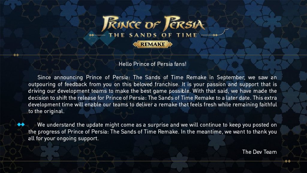 Prince of Persia The Sands of Time Remake adiado